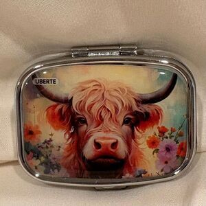 Whimsical Bull and Flowers Travel Pill Box 2 Compartment Medicine Pill Case NEW